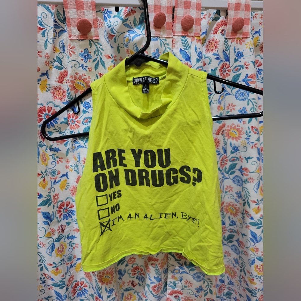 Iheartraves neon green "are you on drugs" crop top